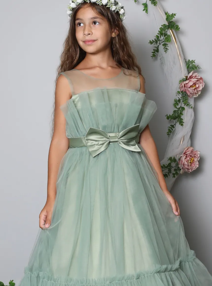 Robe mariage fille en tulle vert sauge