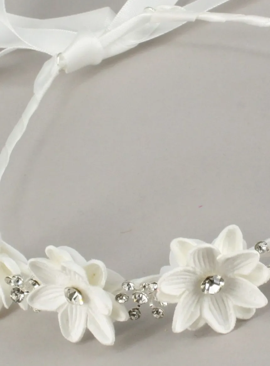 Serre tête couronne fleurs et strass Blanc