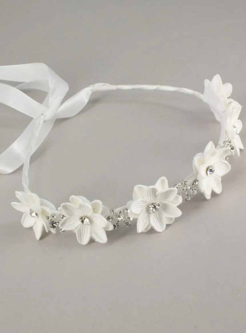 Serre tête couronne fleurs et strass Blanc