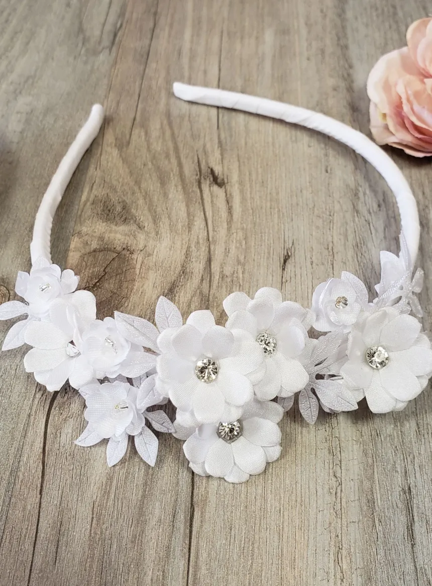 Serre tête cérémonie enfant blanc fleur et strass Blanc