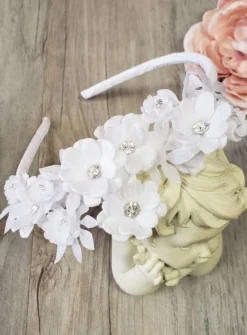 Serre tête cérémonie enfant blanc fleur et strass Blanc