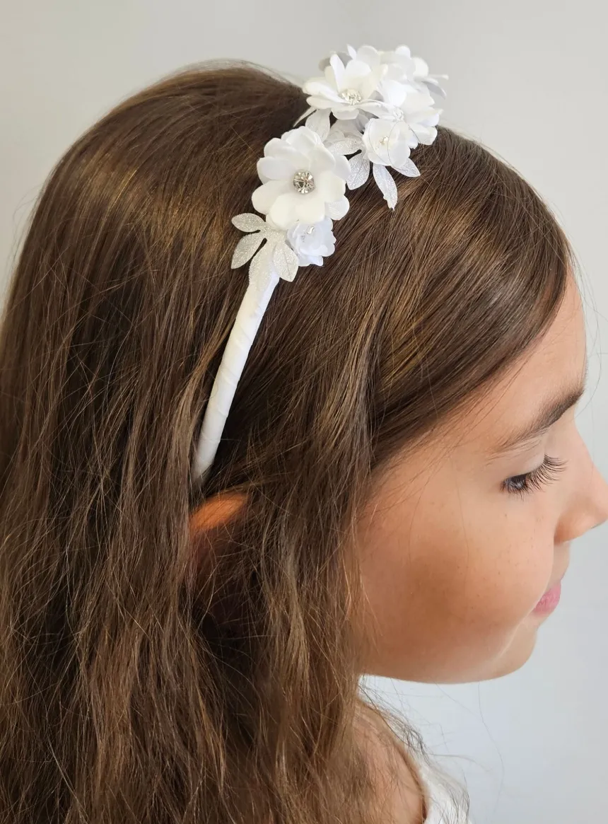 Serre tête cérémonie enfant blanc fleur et strass Blanc