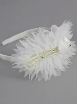 Serre tête de cérémonie avec froufrou, perles et strass Ivoire - Ecru