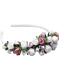 Serre tête enfant avec fleurs roses et blanches Blanc
