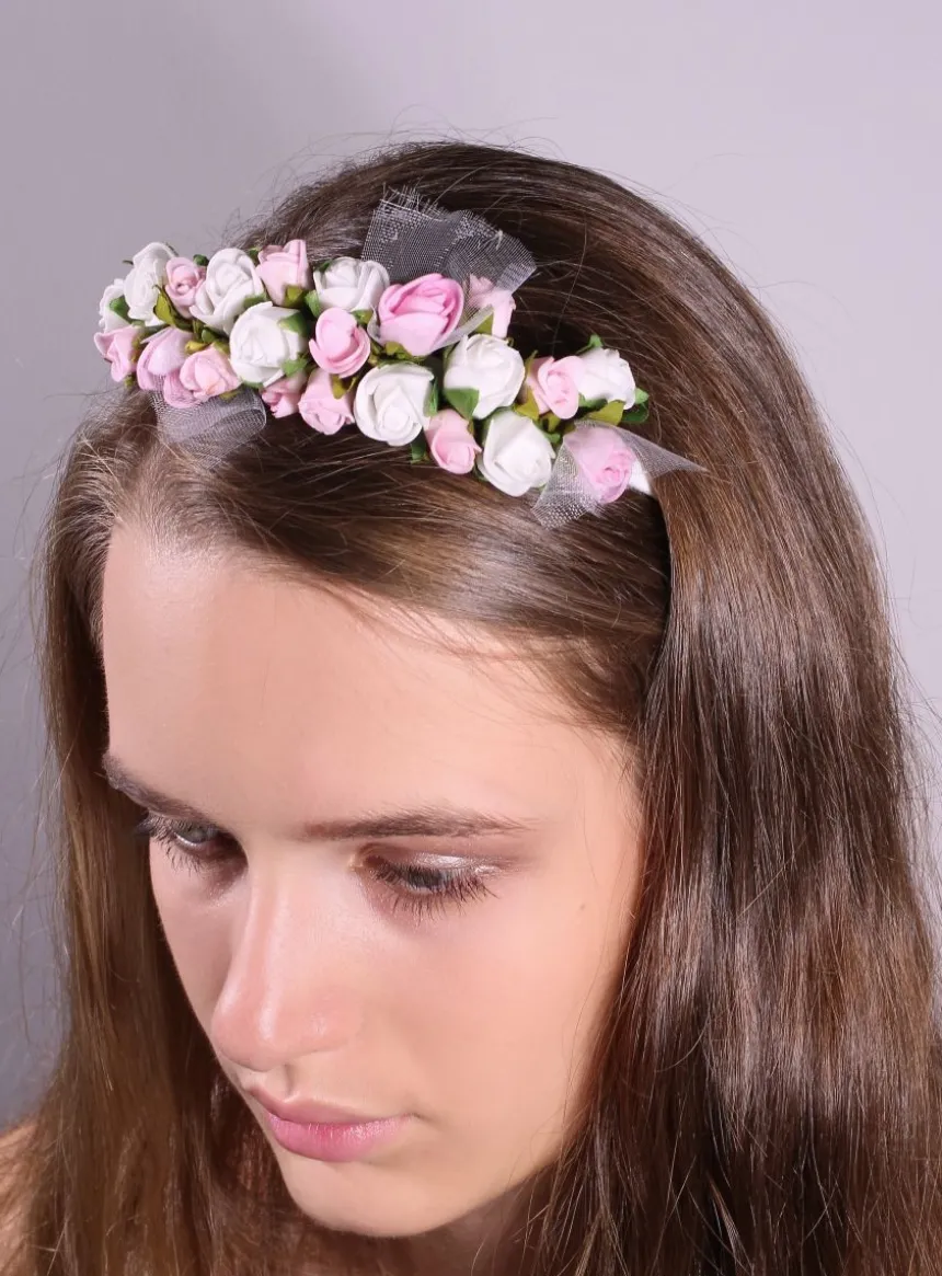 Serre tête enfant avec fleurs roses et blanches Blanc