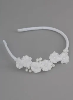 Serre tête fleurs et composition de perles Blanc