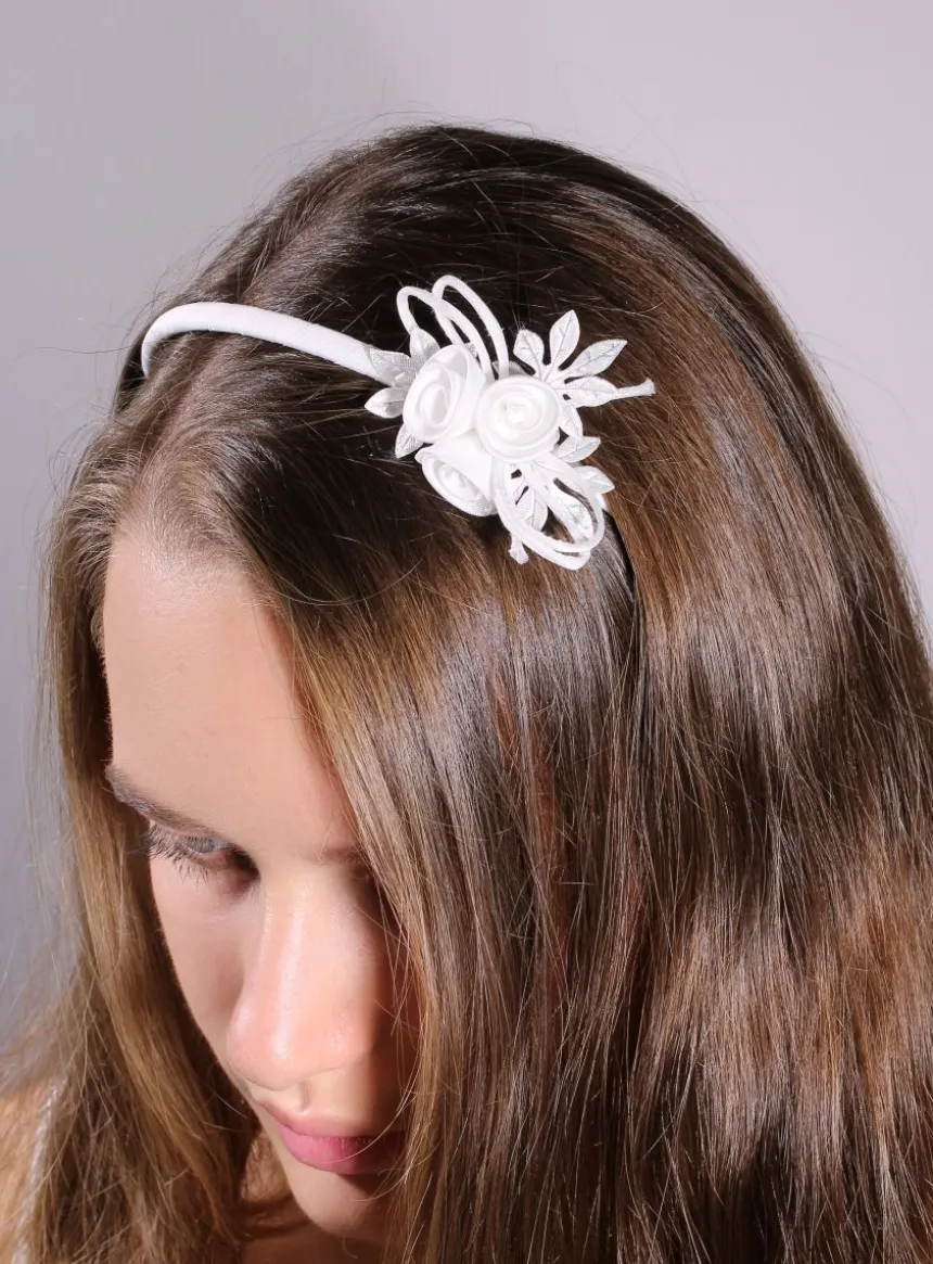 Serre tête 3 fleurs sur feuilles Blanc