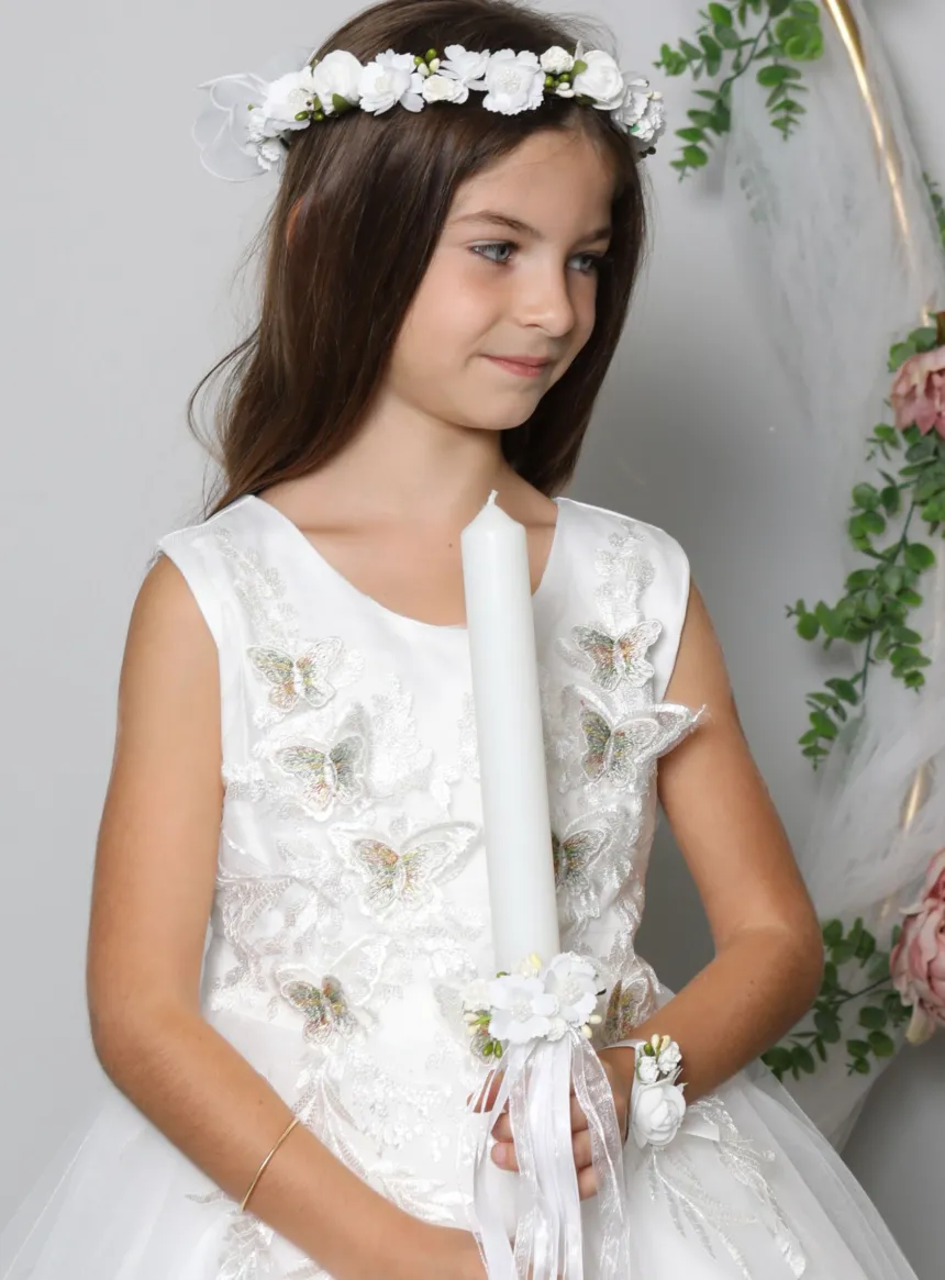 Set Communion : couronne, broche, nśud de cierge et bracelet fleurs blanches