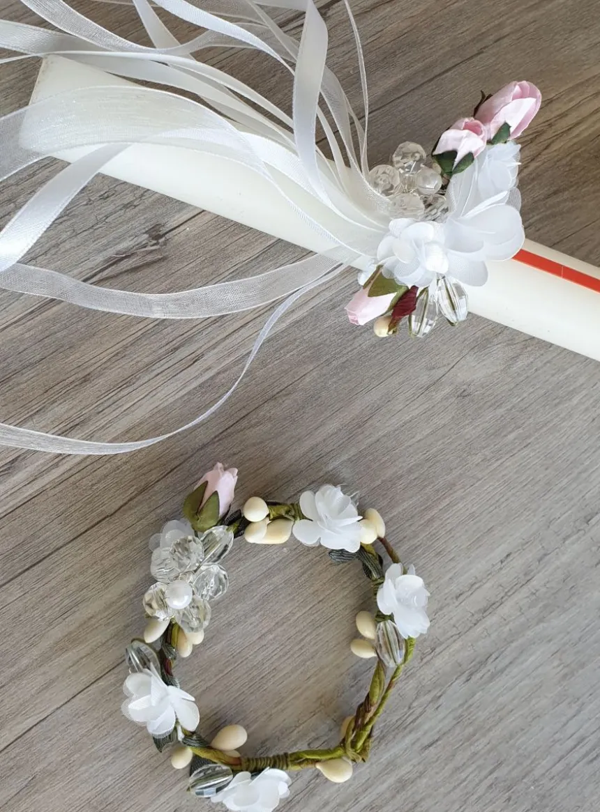 Set Communion 4 pičces fleurs et perles couronne, broche, nśud de bougie et broche