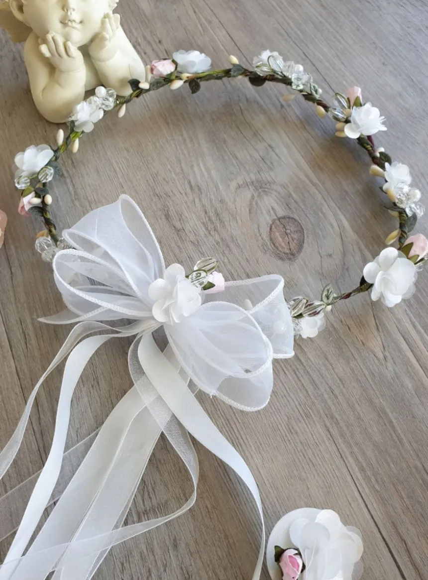 Set Communion 4 pičces fleurs et perles couronne, broche, nśud de bougie et broche