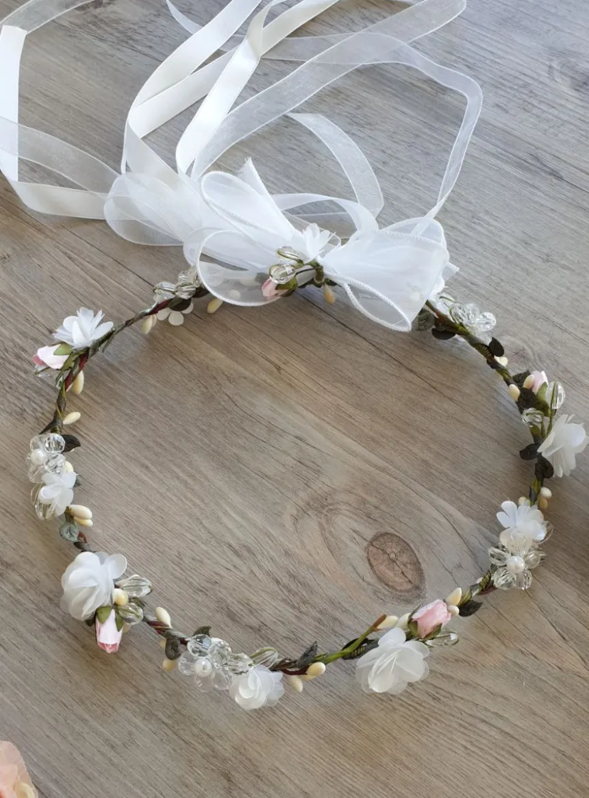 Set Communion 4 pičces fleurs et perles couronne, broche, nśud de bougie et broche