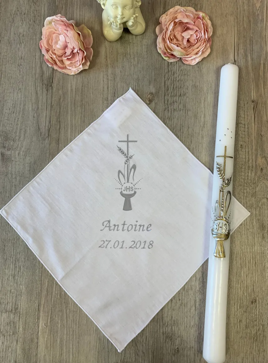 Set mouchoir + bougie communion " Croix, Hostie et Calice"