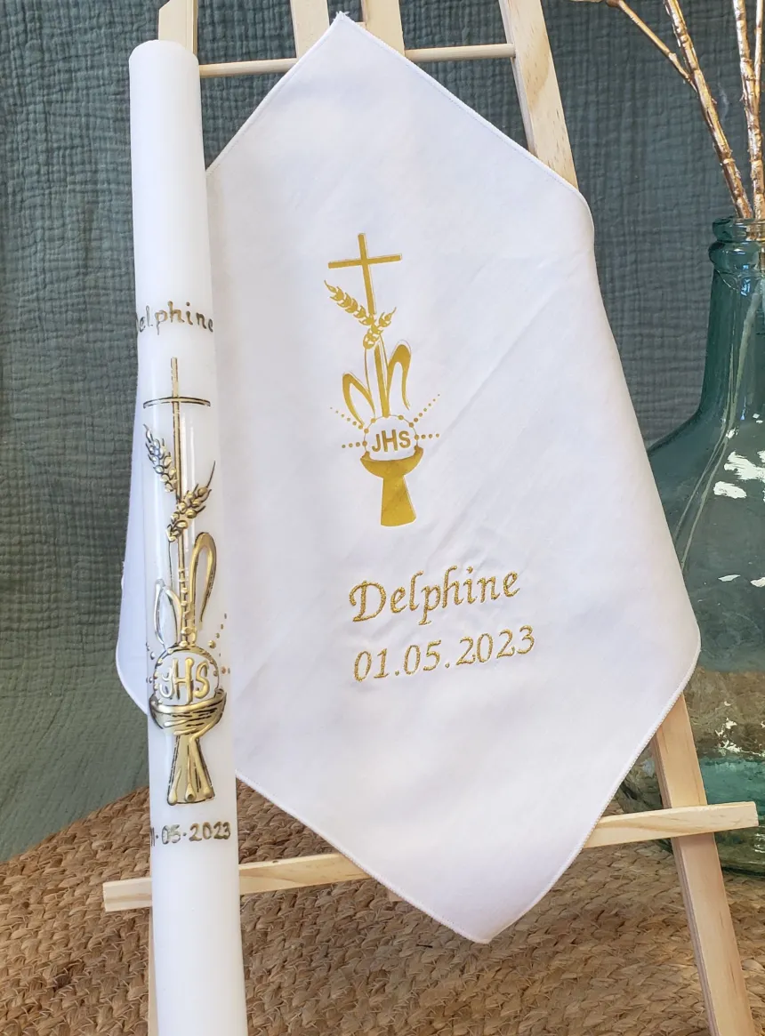 Set mouchoir + bougie communion " Croix, Hostie et Calice"