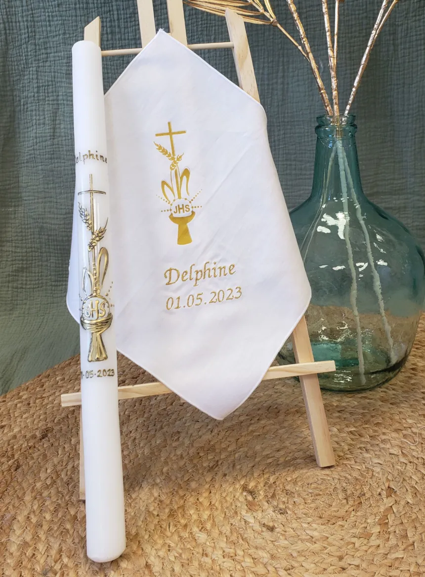 Set mouchoir + bougie communion " Croix, Hostie et Calice"