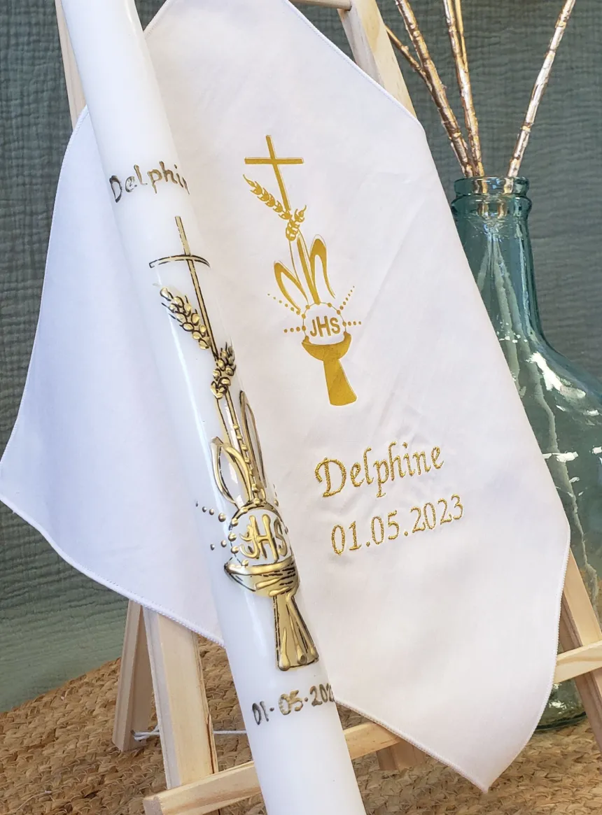 Set mouchoir + bougie communion " Croix, Hostie et Calice"