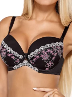 Soutien gorges noir brodé rose push-up Nadine