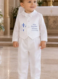 Tenue de baptême bébé garçon satin blanc