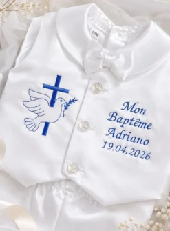 Tenue de baptême bébé garçon satin blanc
