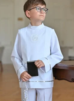 Tunique courte de communion garçon blanche avec cordon