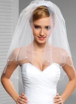 Voile de mariée bord arrondie perles strass cousues