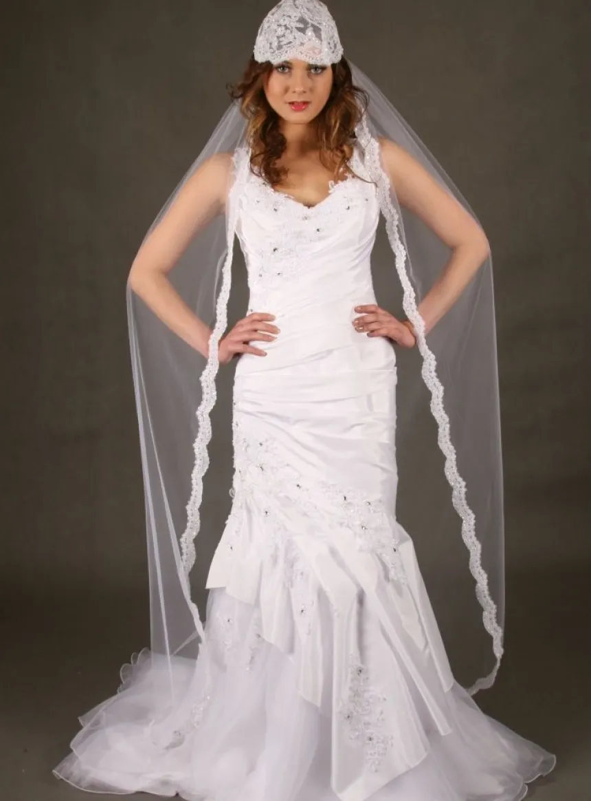 Voile de mariée Valse avec dentelle et perles Blanc Chapelle